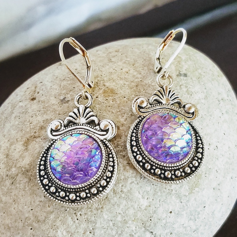 Nickel-free Lavender Mermaid-Scale Earrings